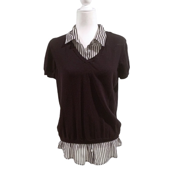George Faux Sheer Striped Collar Sweater Vest Short Sleeve Top